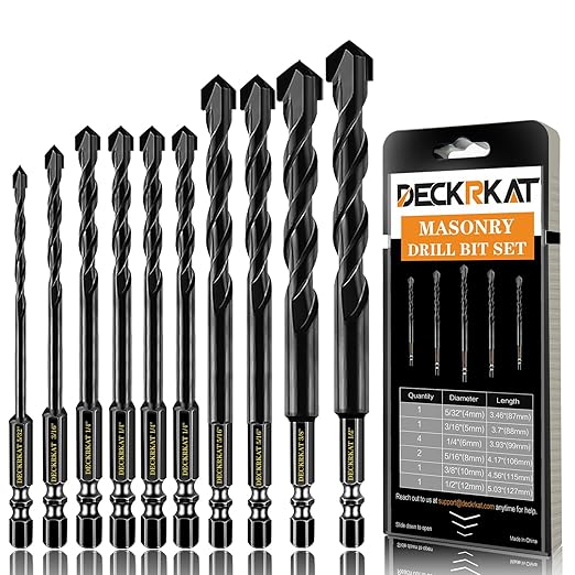 DECKRKAT 10-Piece Black Masonry Drill Bit Set for Concrete, Brick, Tile - Carbide Tipped, Quick Change 1/4" Hex Shank (5/32" x1, 3/16" x1, 1/4" x4, 5/16" x2, 3/8" x1, 1/2" x1) w/Storage Case