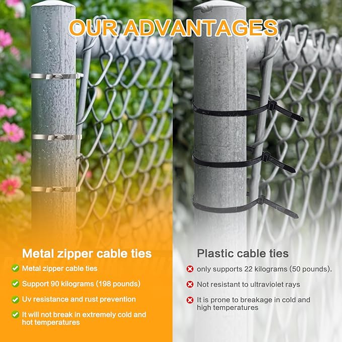 Metal Zip Ties 100pcs 11.8 inch 304 Stainless Steel Zip Ties Heavy Duty Multi-Purpose Self- Locking Cable Ties for Outdoor Fence, vehicles, Machinery, Exhaust Wrap,Farms, Pipes, Cable
