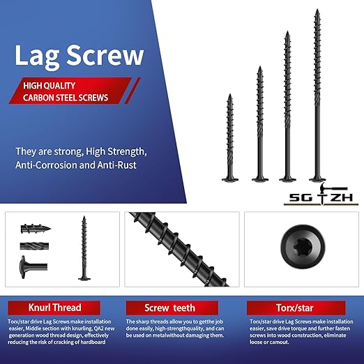 #14 x 3 Inch Lag Screws (264Pcs) 6lb. Structural Wood Screw, Black, Carbon Steel, Washer Head, Rust Resistant epoxy Coated, T30 Star Bit
