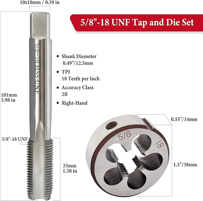 5/8"-18 UNF Tap and Die Set, 5/8x18 Tap and Die, HSS 6542 Machine Right-Hand 5/8 x 18 Thread Tap and Round Die, Upgraded Tap, Threaded Head Has Been Extended