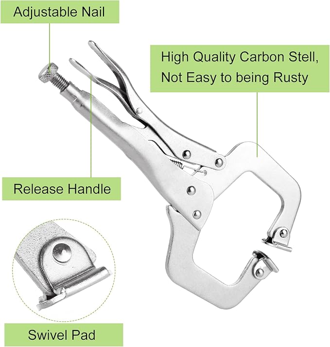SHUESS 5 Pcs C Clamp Locking Pliers 11 Inch Vise Grip Clamps, Adjustable Welding Clamp with Regular Tip and Swivel Pad for Woodworking, Carpentry, Cabinetry, Welding and Repair