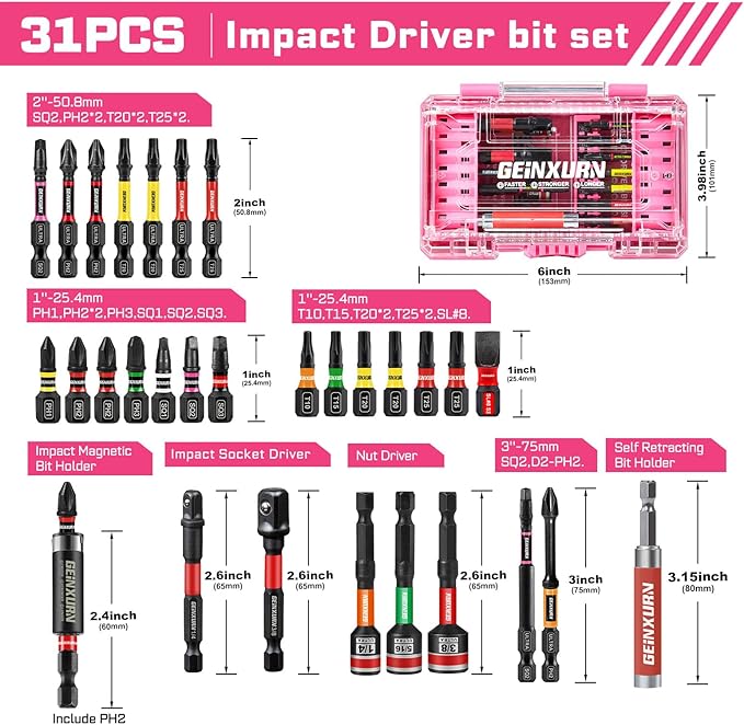 31Pieces Impact Screwdriver Bits Set, Magnetic S2 Steel 1??2??3??Phillips/Square/Torx Bits Tips,Impact Bit Holder and Nut Driver with Pink Storage Box Case
