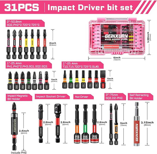 31Pieces Impact Screwdriver Bits Set, Magnetic S2 Steel 1??2??3??Phillips/Square/Torx Bits Tips,Impact Bit Holder and Nut Driver with Pink Storage Box Case