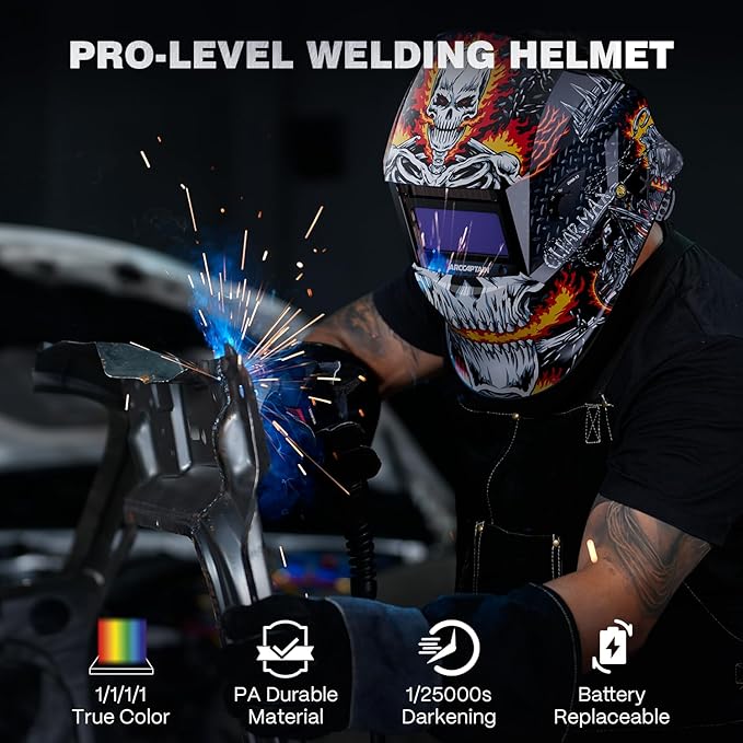 ARCCAPTAIN Welding Helmet Auto Darkening, 1/1/1/1 True Color Welding Hood, 4 Arc Sensor 1/25000s Response Time Solar Powered Weld Hood Helmet HSH-S800 Skeleton Knight