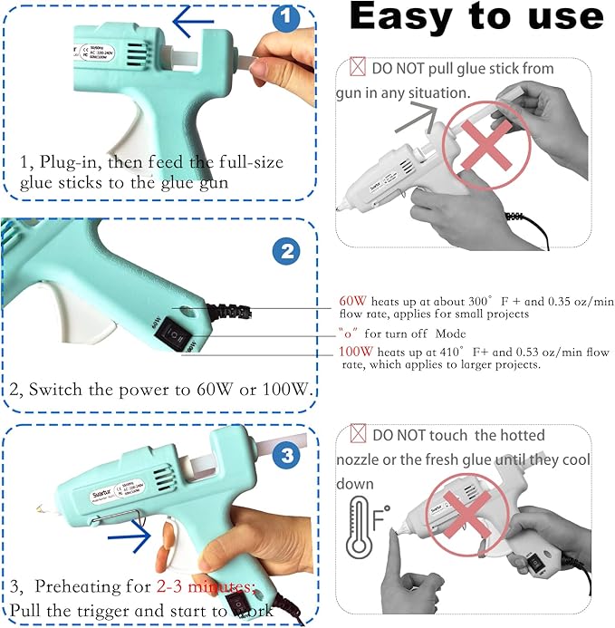 Full Size Hot Glue Gun Kit with 60W/100W/OFF Switch, 9.8ft Extra-long Power Cord Industrial Glue Gun with 2 Nozzles, 15 Glue Sticks, Case, Dual Power High Temp Hot Melt Glue Gun Large for Craft, Green