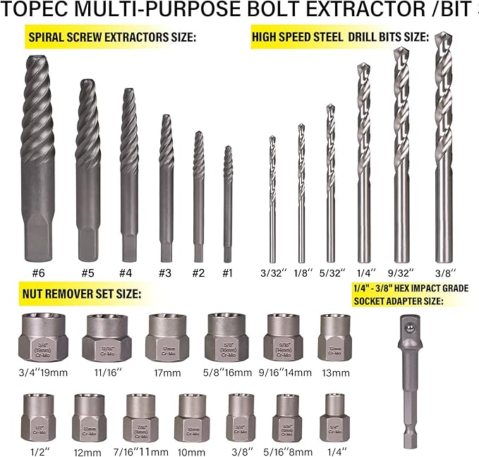 Topec 26Pcs Screw and Bolt Extractor Set, Easy Out Bolt Extractor Socket Set with Drill Bits, Stripped Screw Removal Tool for Broken, Damaged, Rounded Nuts