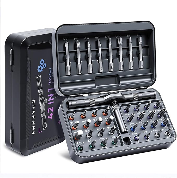 42Pcs Magnetic Ratchet Screwdriver Set with T-Handle&Magnetic Booster,6.2째Precision Gear&Extended Lever Handle,Multi-Bit Screwdriver Kit with 40 Bits&Portable Case for DIY,Home Appliances&Home Repair