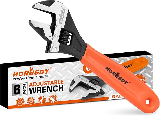 HORUSDY 6" Adjustable Wrench Pipe Spanner: Wide Jaw Black Oxide Wrench With Cushion Grip, Laser Marked Metric & SAE Scales, CR-V Steel, for Professionals