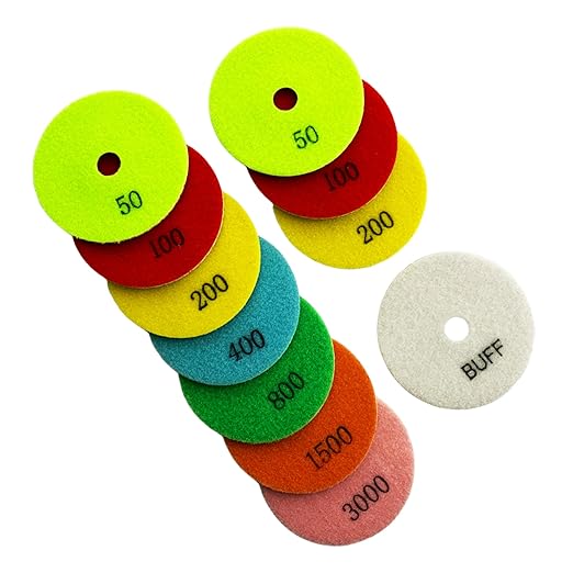 4" Wet Stone Polishing Pads Set (2x50, 2x100, 2x200, 400, 800, 1500, 3000 Grit, Buffer) - White Resin for Granite, Marble, Quartz, Engineered Stone