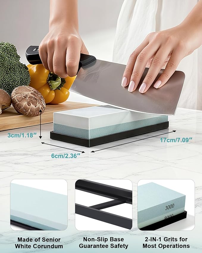 Knife Sharpening Stone 2 Side Grit 3000/8000 Whetstone knife Sharpener Stone with Non-Slip Rubber Base, Kitchen, Hunting, Pocket Knives and Blades