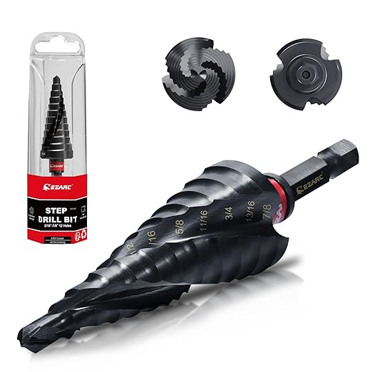 EZARC Step Drill Bit for Metal, M35 Cobalt Step Drill Spiral Flute Unibit Step Drill Bit (3/16''-7/8'') Wear-Resistant AlTiN Coated, 1/4" Hex Shank for Metal, Stainless Steel, Aluminum, Plastic
