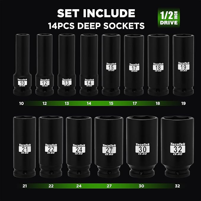 14PCS 1/2" Deep Drive Impact Socket Set, 6-Point, Metric (10mm-32mm), CR-MO Steel, With a Storage Case
