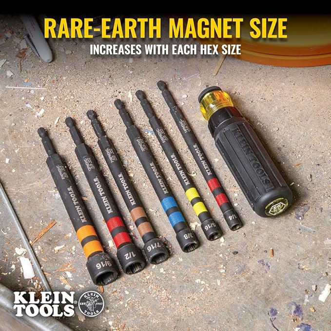Klein Tools 32950 Ratcheting Impact Rated Hollow Power Nut Driver Set with Handle, Magnetic, Color Coded, 6 SAE Hex Sizes and Handle Included