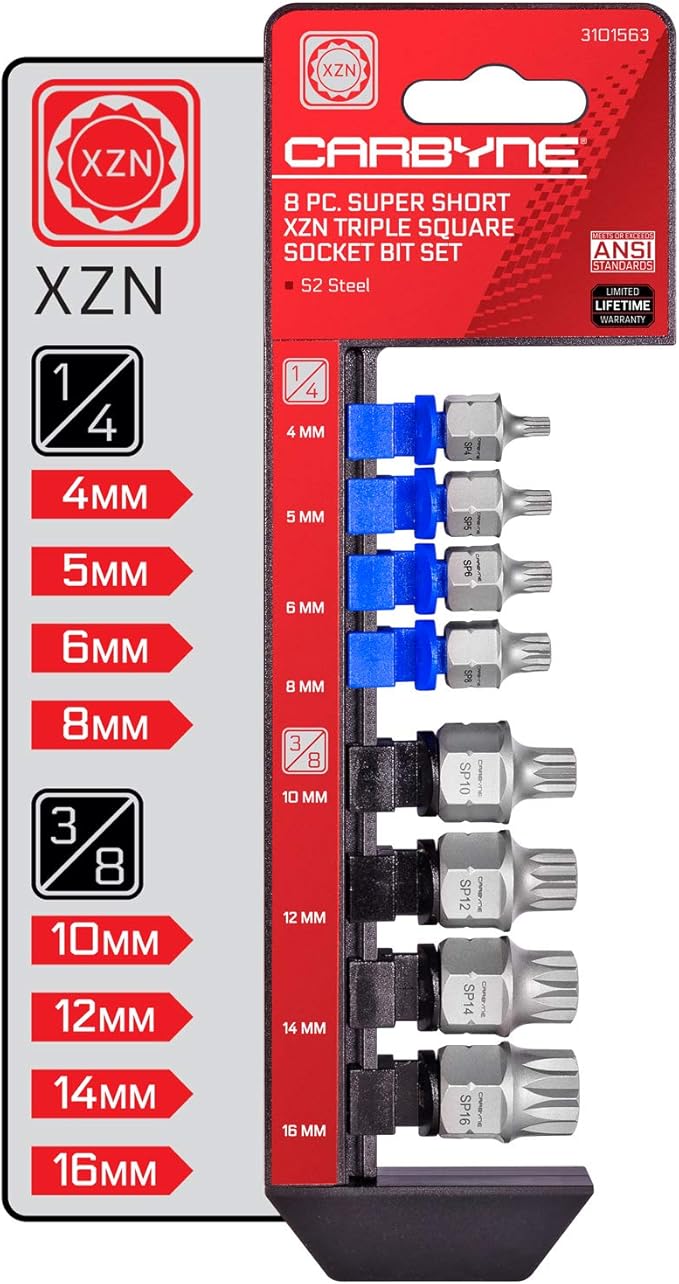 CARBYNE 8-Piece XZN Triple Square Super Short Low Profile Bit Socket Set - 12 Point | 4mm to 16mm, Dual-Drive: Internal Square Drive & External Hex Drive ??From a Family-Run Tool Company in the U.S.