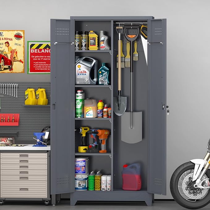 GREATMEET 72.8" Broom Storage Cabinet竊똌etal Storage Cabinets for Cleaning Supplies with Pegboard, Utility Closet, Broom Mop Cabinet, Grey