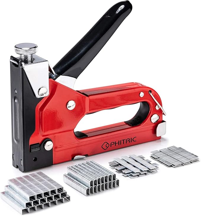 PHITRIC Upholstery Staple Gun Heavy Duty, 4 in 1 Stapler Gun with 1200 Staples, Power Finish Staplers, Manual Brad Nailer Power Adjustment Furniture Stapler Gun for Wood, Carpentry, Decoration DIY