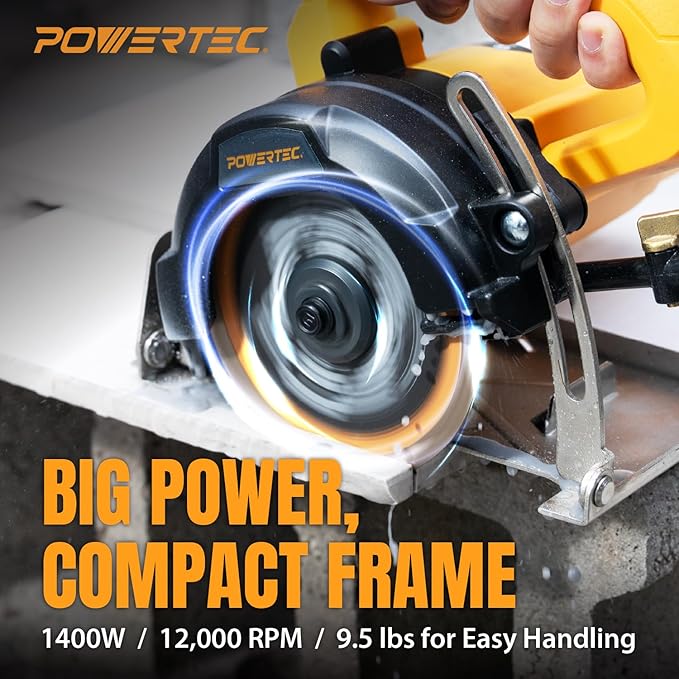 POWERTEC 4.5" Handheld Tile Saw ??12Amp/1400W Motor, Wet/Dry Cutting with Adjustable Water Feed System, GFCI Plug, Bevel & Depth Adjustment, Compatible with 4"-4.5" Diamond Blades (HTS1045)