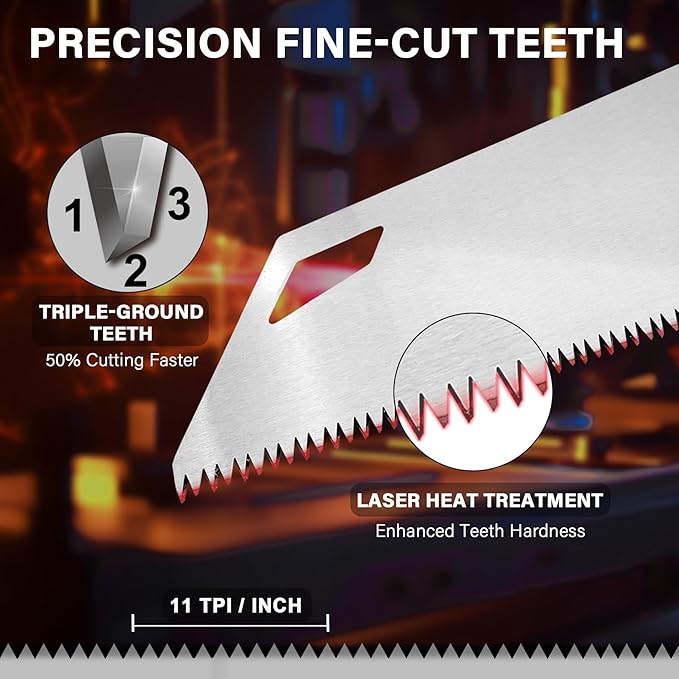 HAUTMEC 16" X-Sharp Universal Hand Saw for Speed, Cuts Quality and Accuracy, Fine-Cut Handsaw with 11 TPI Triple-Ground Teeth and 1mm Thickened Large Blade, Bi-Material Ergonomic Soft Handle – HT0152