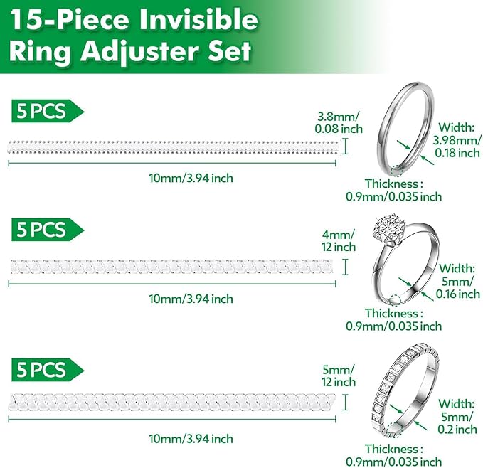 Anpro Ring Sizer Adjusters for Loose Rings - 15-Pack Multiple Styles, Invisible Spacer Guards & Tighteners for Women, Fits Almost Any Ring