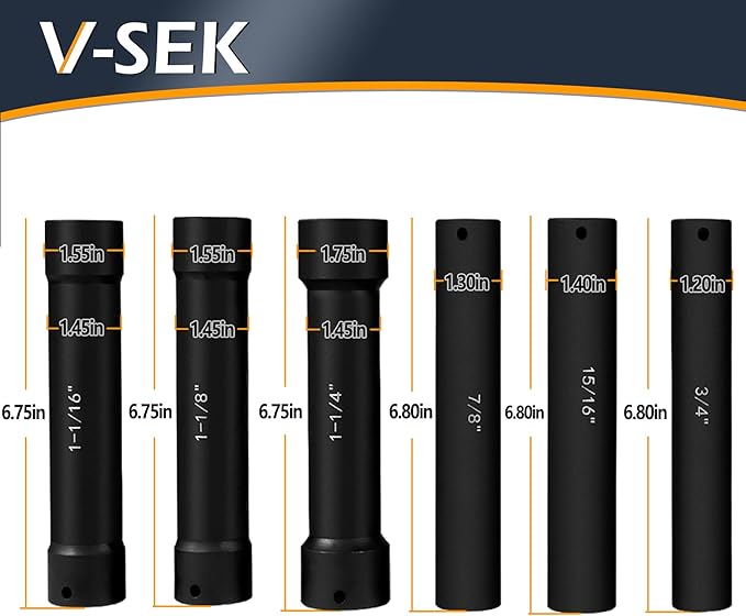 6.75 Inch Long Extended Length Impact Socket Set 1/2 Inch Drive Extra Deep Sockets Heavy Duty Steel With Hex Sizes 3/4" 7/8" 15/16" 1-1/16" 1-1/8" 1-1/4" for High Torque Use 6PCS