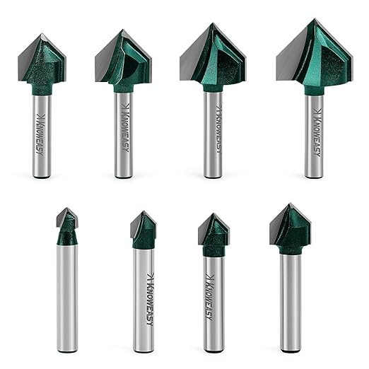 Knoweasy 8-Piece 90 Degree V-Groove Router Bit Set with 1/4-Inch Shank, Carbide Tipped 2-Flute Engraving Bits for Woodworking, Includes 1/4 to 1 Inch Cutting Diameters for Chamfering and Beveling