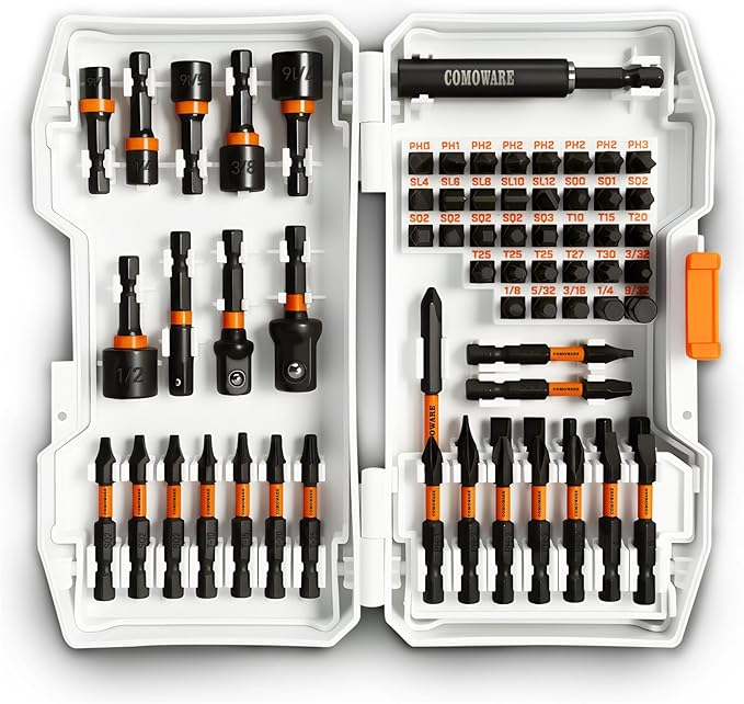 COMOWARE 68Pcs Impact Screwdriver Bit Set, Black Oxide Coated Bits with Dry Anti-Rust Oil, Includes 1", 2", 3-1/2" Bits, 6 Sockets & Magnetic Driver for Drill/Hand Tools, Portable Storage Case