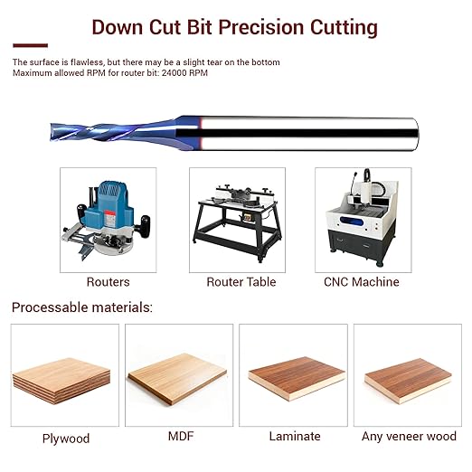CNC 1/8 Downcut Router Bit with 1/4 Shank Nano Blue Coating Carbide 2 Flute Down Cut Spiral Router Bit for Wood MDF Plywood Cut Carving Carbide End Mill 1/2'' CL, 2-1/2 OVL