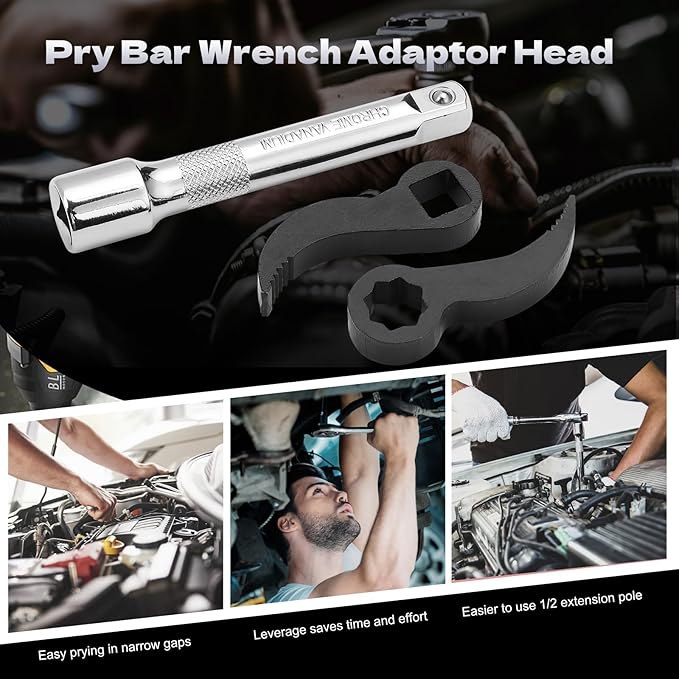 3 Pcs Pry Bar Wrench Adaptor Head, New Crowbar Adapter Head Tool,Half Shaft Removal Car Repairing Tools with Extension Bar for Tight Spaces,1/2" D 8pt (Square) Profile