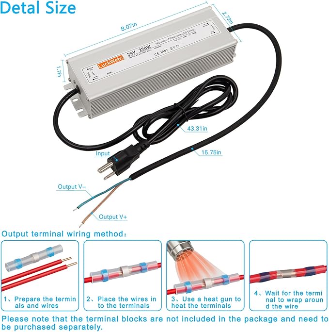LED Driver 24V250W Waterproof Power Supply AC 90-130V to DC 24V10.4A Low-Voltage IP67 Transformer Suitable for Indoor Outdoor LED Strip Lights and Any 24V DC High-End Equipment