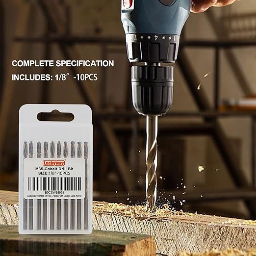 Luckyway 1/8“ M35 Cobalt Drill Bits(10Pcs), Jobber Length Twist Drill Bit Set for Hard Metal, Stainless Steel, Cast Iron, Wood and Plastic, with Storage Case