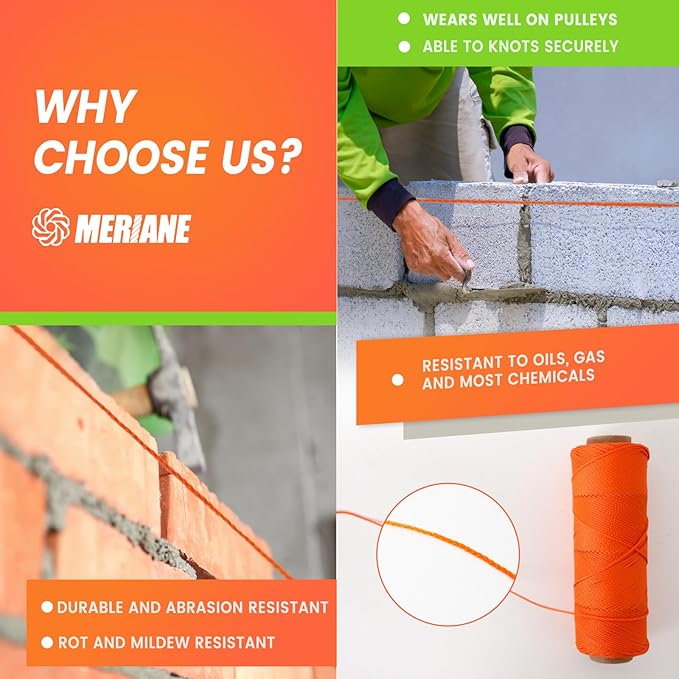 MERIANE Mason Line, 500 Ft #18 Braided Nylon String Twine, Premium String for Masonry Jobs, Construction, Gardening, Net Making and Mending, DIY Projects, Fluorescent Orange