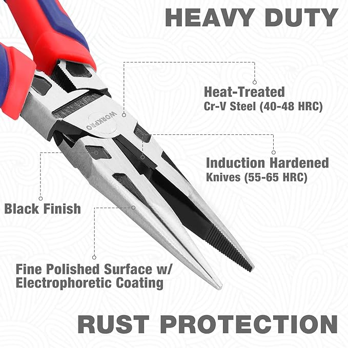 WORKPRO Premium 8??Needle Nose Pliers, Paper Clamp Precision, Heavy-Duty CRV Steel, Large Soft Grip with Wire Cutter, Long Nose Cutting Pliers, W031269