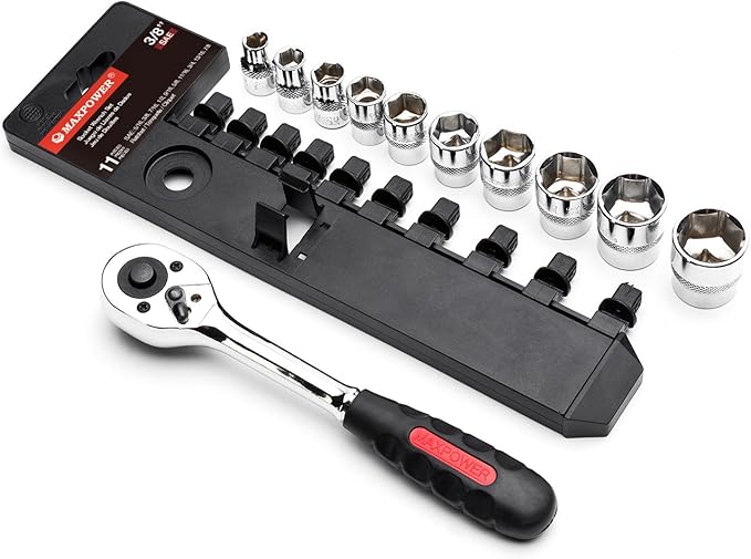 MAXPOWER 11-Piece 3/8-Inch Drive Ratchet and Socket Set | SAE 10-Socket Set (5/16??to 7/8?? with Quick Release Reversible Ratchet & Hanging Storage Rack | Chrome Vanadium Steel