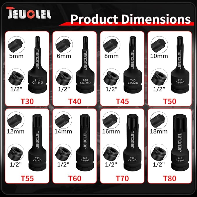 8PCS Torx Star 6 Point Impact Bit Socket Set, T30 T40 T45 T50 T55 T60 T70 T80 1/2-Inch Impact Drive Allen Socket Kit, Cr-Mo Steel Socket Remover Hand Repair Tool