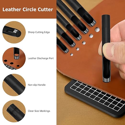 12 Pieces Leather Stitching Punch Circle Hole Cutter Tools Set, 4mm 1/2/4/6 Prong Punch Leather Chisel and 7 Pcs Circle Cutter Tools for DIY Leathercrafts, Belt, Watch Band, Strap