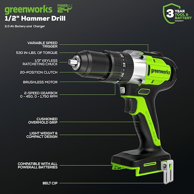 Greenworks 24V Brushless 1/2" Hammer Drill (Metal Chuck / 530 in.-lbs. / 20+3 Clutch / LED Light) + 5 PC Drill Bits, 2.0Ah Battery and Charger Included