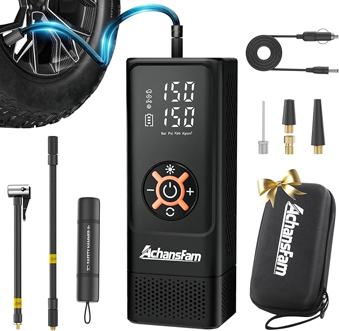 S9 Portable Air Compressor, 21s Ultra Fast Inflate, 2 In 1 Tire Inflator with Safety Hammer & Premium Gift Box, Cordless with Dual Power Supply, 150 PSI Electric Air Pump for Car,Bike,Truck