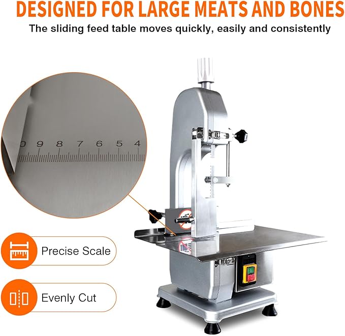 750W Commercial Electric Meat Bandsaw 110V Electric Bone Saw Machine, Thickness Range 0.16-4.3 Inch, Table Sawing for Cutting Rib, Frozen Meat with 5 Saw Blades and 18.1" x 12.4" Workbench