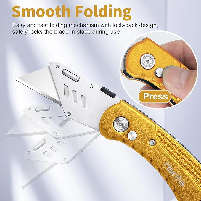 Box Cutter Heavy Duty Utility Knife, Razor Knife, Lightweight Aluminum Handle, Back-lock Mechanism, Stainless Belt Clip, with 5-piece Extra Blades, for Carpet, Carton, Box, Cardboard Yellow