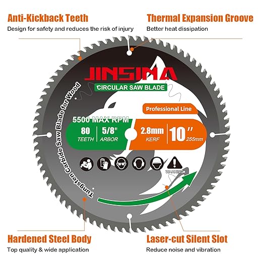 10” Circular Table Miter Saw Blade for Wood, 80T TCT Cutting Blade, Fine Finish Crosscut Angled Bevels Framing Ripping for Plywood, Melamine, Oak, Pine, Laminate, Chipboard, 5/8"