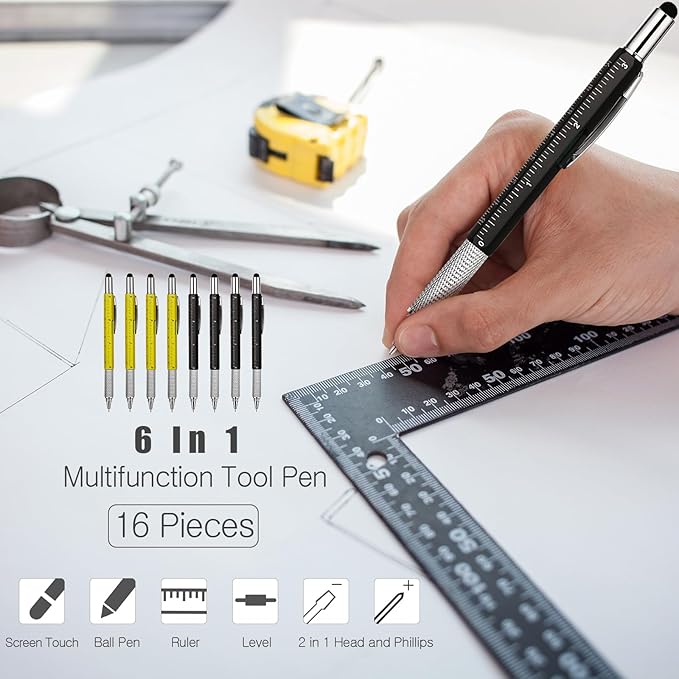 Zhanmai 16 Pcs Multitool Pens 6 in 1 Multi-tool Pen Set with Refills for Men's Birthday Gifts, Christmas Stocking Stuffers for Men Dad Husband (Black,Yellow)