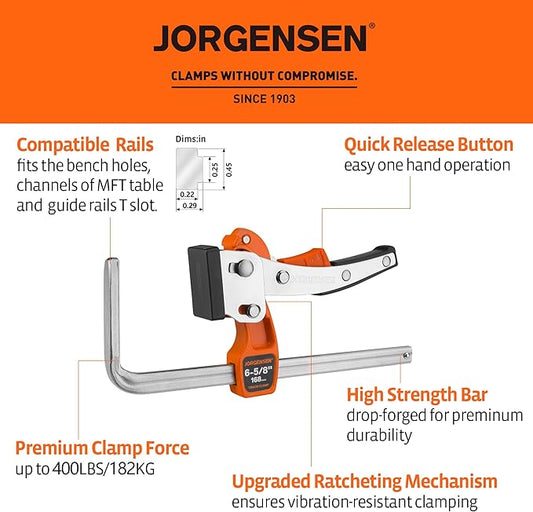 Jorgensen 6-5/8" Ratcheting Table Clamps, Quick Release Track Saw Clamps, Guide Rail Clamp for MFT Table and Guide Rail System, 2-7/8" Throat Depth, 400lbs Load Limit, 2 Pack