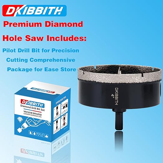 4" Diamond Hole-Saw Bits with Pilot Drill Bit 4 in Diamond Tipped Tile Hole Saws with Guiding Bit for Accurate Drilling, for Porcelain Tile Ceramic Pottery Granite Stone Glass Bottles 102mm