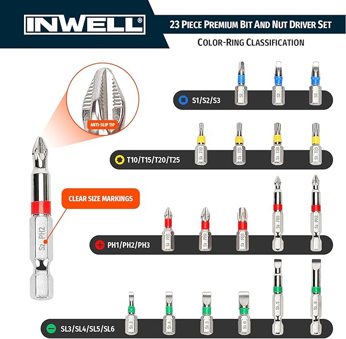 23 Piece Premium Screwdriver Bit Set,Nut Driver Set,Driver Bit Set - S2 Steel Color Bits Set - Magnetic Tips - Phillips,Slotted,Square and Torx - for Power Drill
