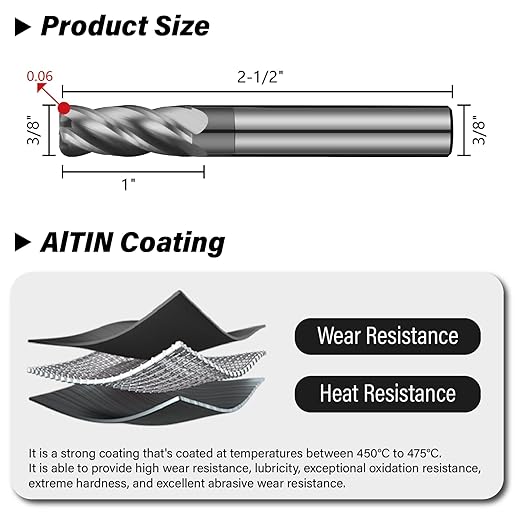 3/8" Carbide Corner Radius End Mills - 0.06" Corner Radius, AlTiN Coated, 4 Flute Endmill for Milling Alloy Steel, Cast Iron, Copper