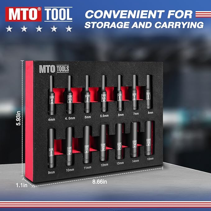 MTO 14-Piece 1/4" Drive Magnetic Deep Impact Socket Set, Metric Size (4mm-15mm) 6 Point Sockets