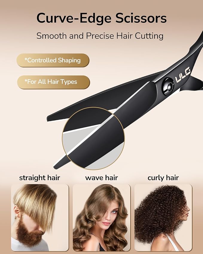 ULG Professional Hair Cutting Scissors 6.5 Inch ??Japanese Stainless Steel Barber Shears for Salon & Home Haircut, Ergonomic Offset Handles with Silencer, Hand-Honed Sharp Blades, Matte Black