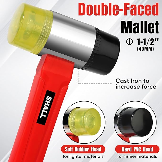 SHALL 2-Piece Rubber Mallet Hammer Set, 16oz Rubber Hammer Mallet & 40mm Double-Faced Soft Mallet, Shockproof Fiberglass Handle with Cushion Grip, Damage-Free to Flooring, Tile, Crafts and Wood Work