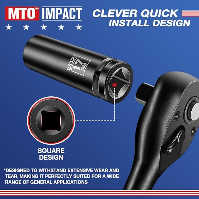 MTO 1/2" Drive 17mm Deep Impact Socket, 6-Point Metric Socket for Automotive Maintaince, CR-V Steel Meets ANSI Standards