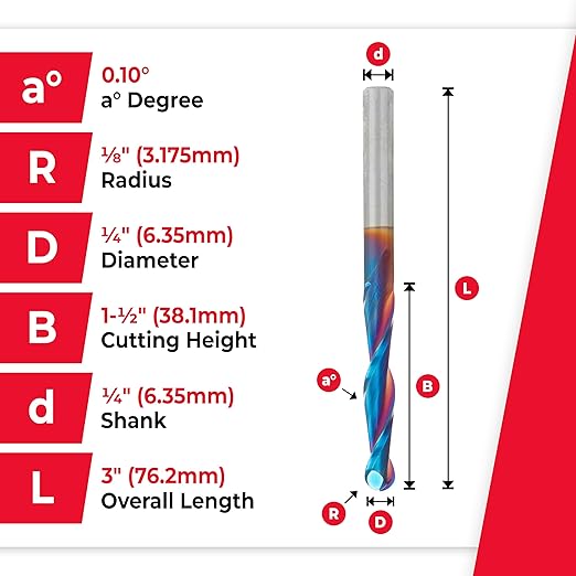 Amana Tool 46294-K-5 5-Pack CNC Spektra Extreme Tool Life Coated SC 2D and 3D Carving 0.10 Deg Straight Angle Ball Nose x 1/4 D x 1/8 R x 1-1/2 CH x 1/4 SHK x 3 Inch Long x 2 Flute Router Bits